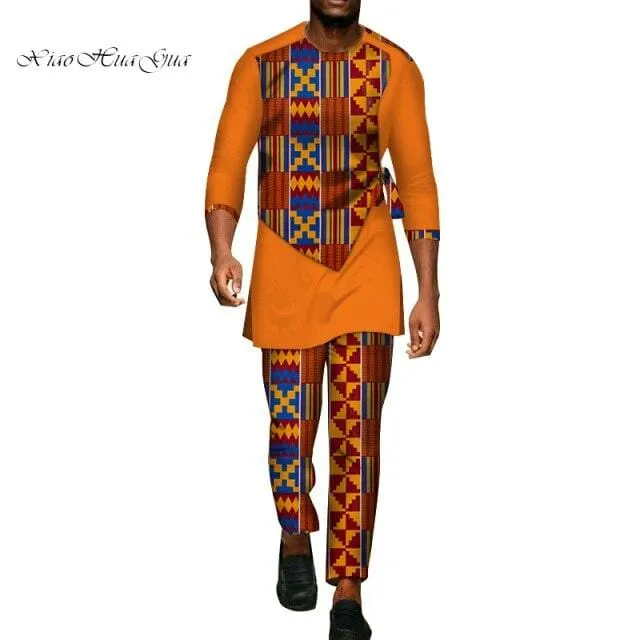 2 Pcs Set Men Dashiki Shirt and Long Pants African Clothes for Men Long Sleeve Shirt and Pants Men African Suits Set WYN94
