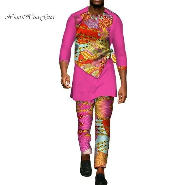2 Pcs Set Men Dashiki Shirt and Long Pants African Clothes for Men Long Sleeve Shirt and Pants Men African Suits Set WYN94