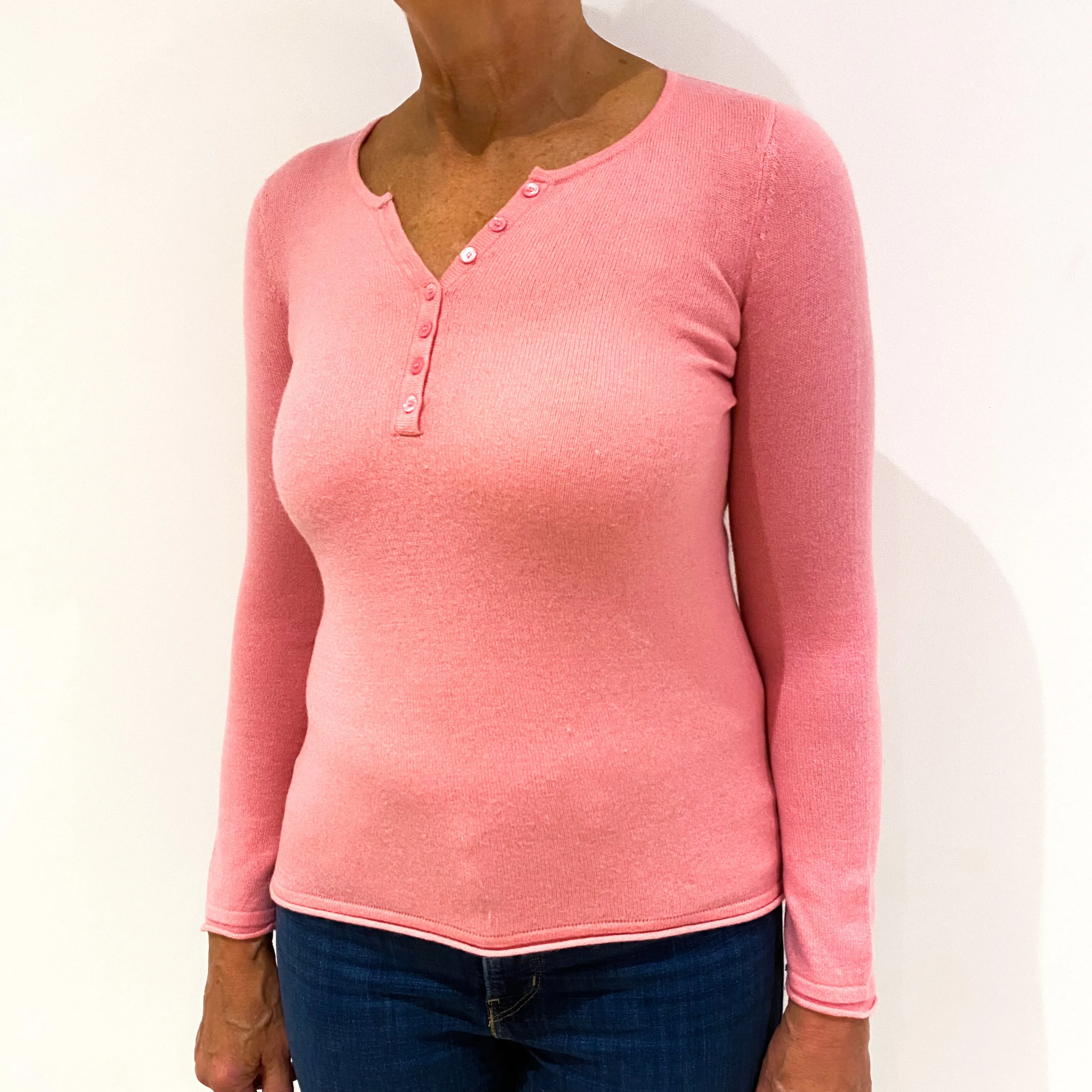 Baby Pink Cashmere Quarter Button Jumper Medium