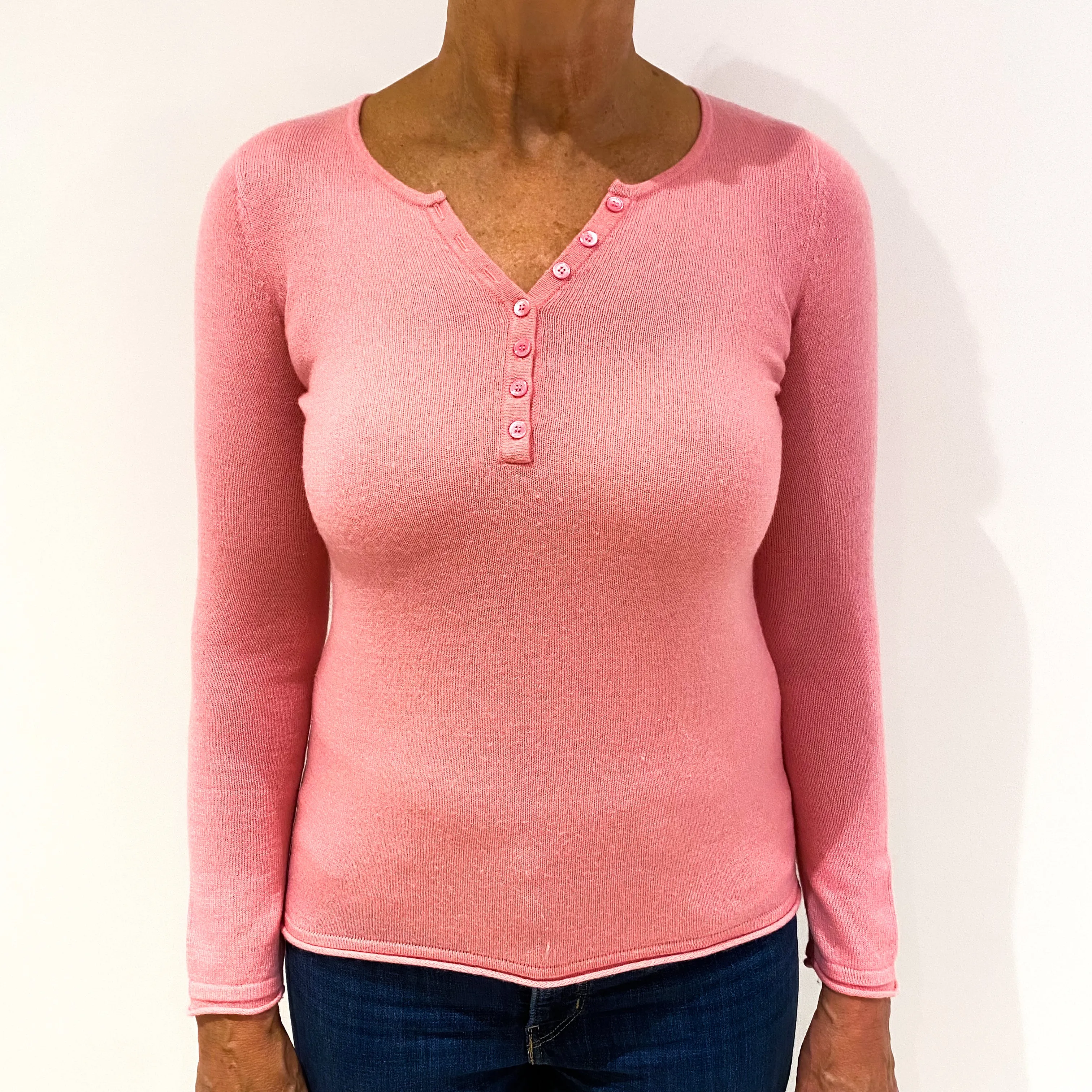 Baby Pink Cashmere Quarter Button Jumper Medium