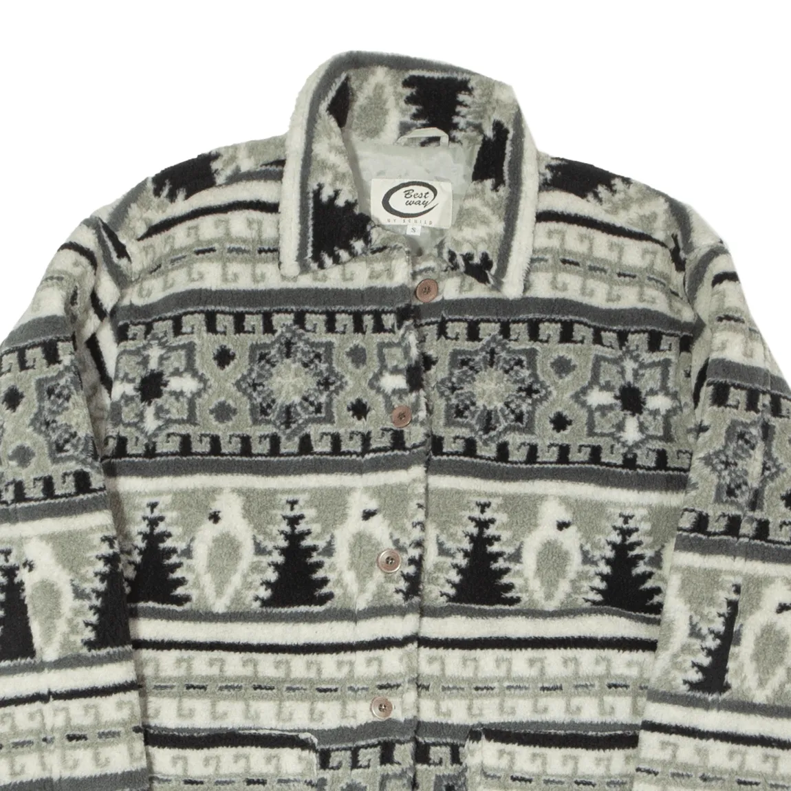 BEST WAY Fleece Mens Overcoat Jacket Grey Crazy Pattern S