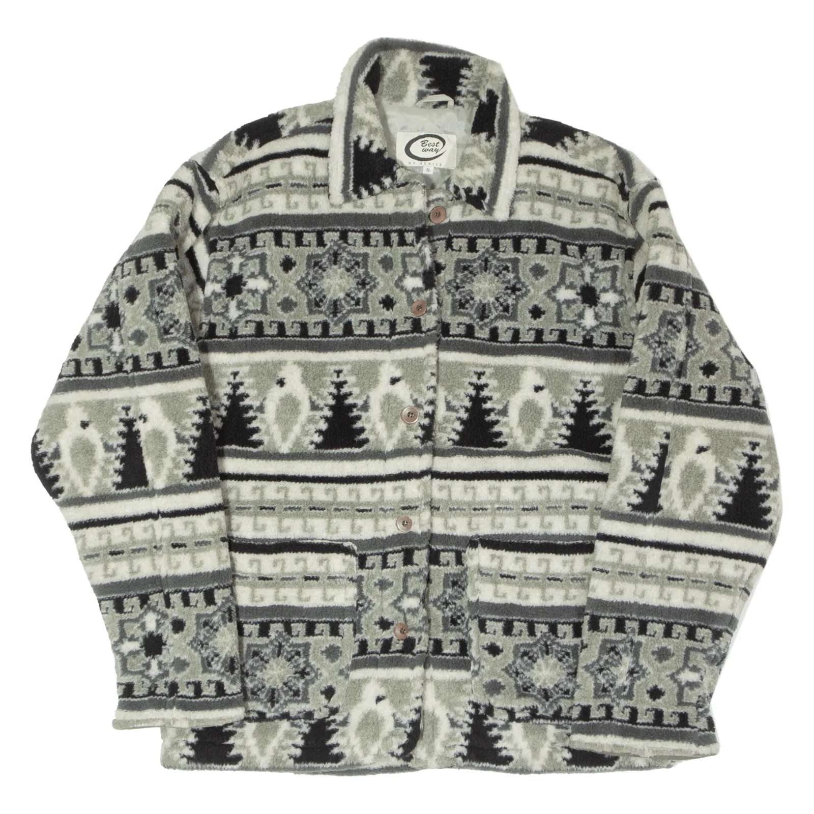 BEST WAY Fleece Mens Overcoat Jacket Grey Crazy Pattern S