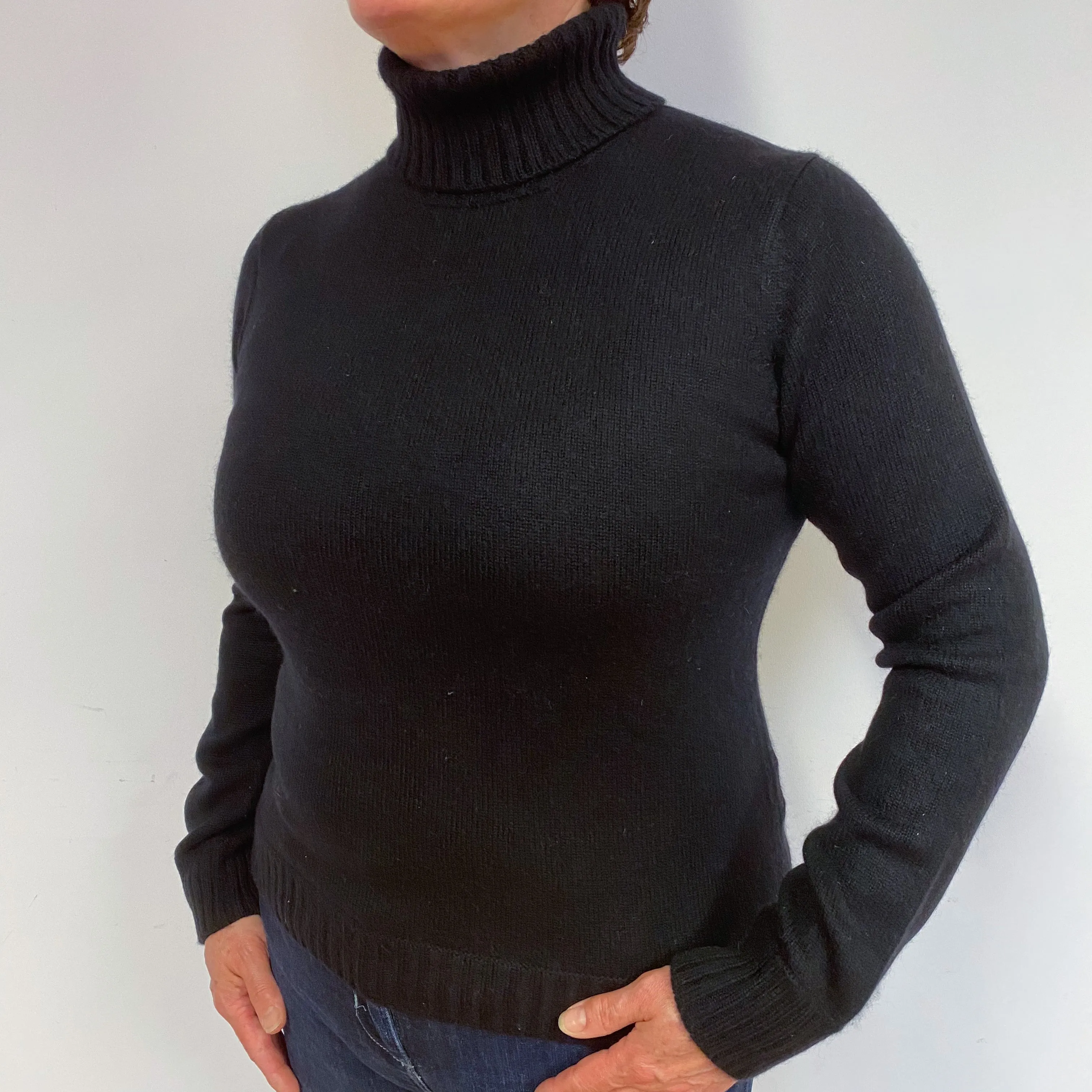 Black Heavy Knit Cashmere Polo Neck Jumper Large