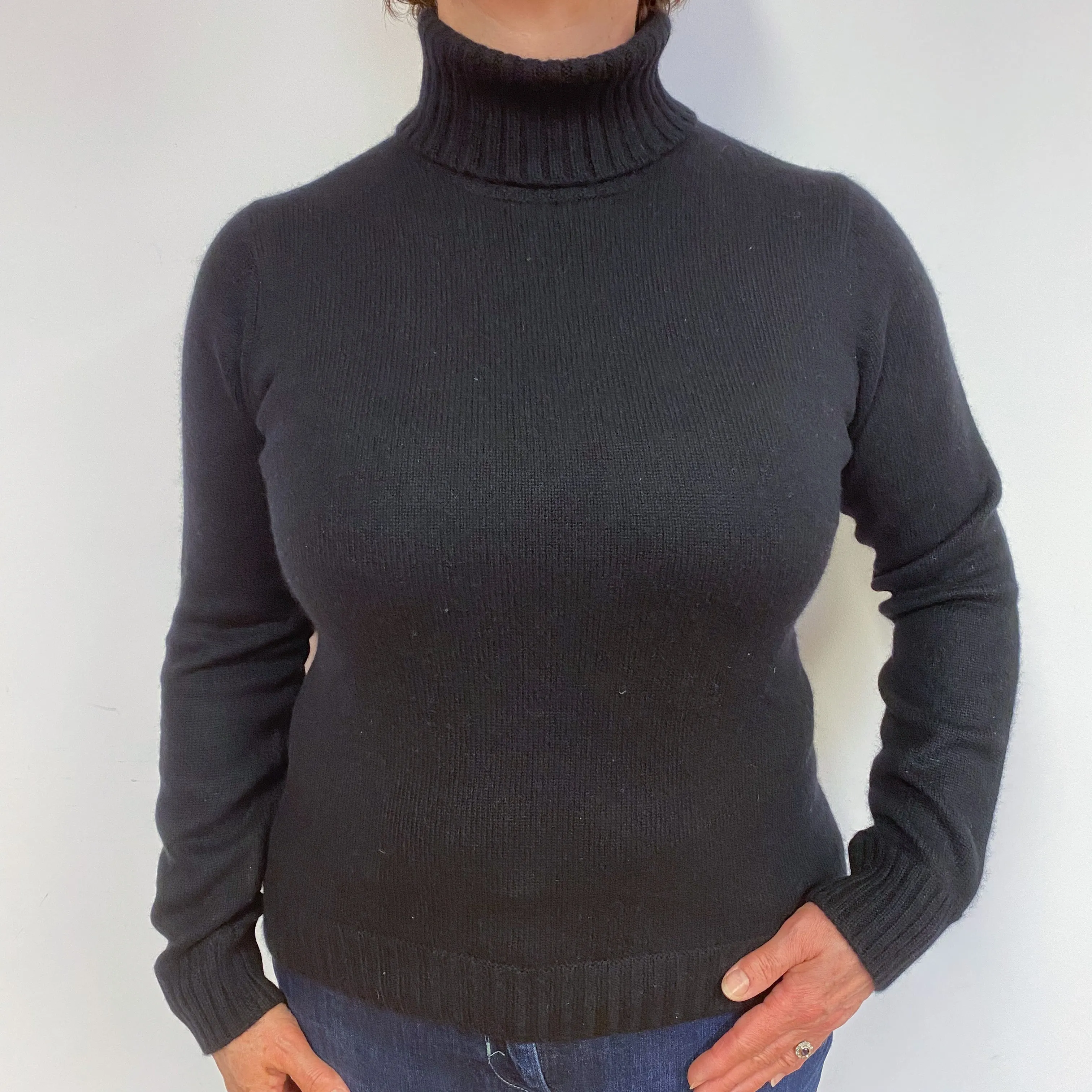 Black Heavy Knit Cashmere Polo Neck Jumper Large