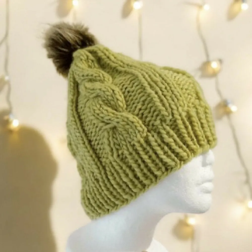 Cable Hand Knit Slouchy Beanie in green with brown pompom