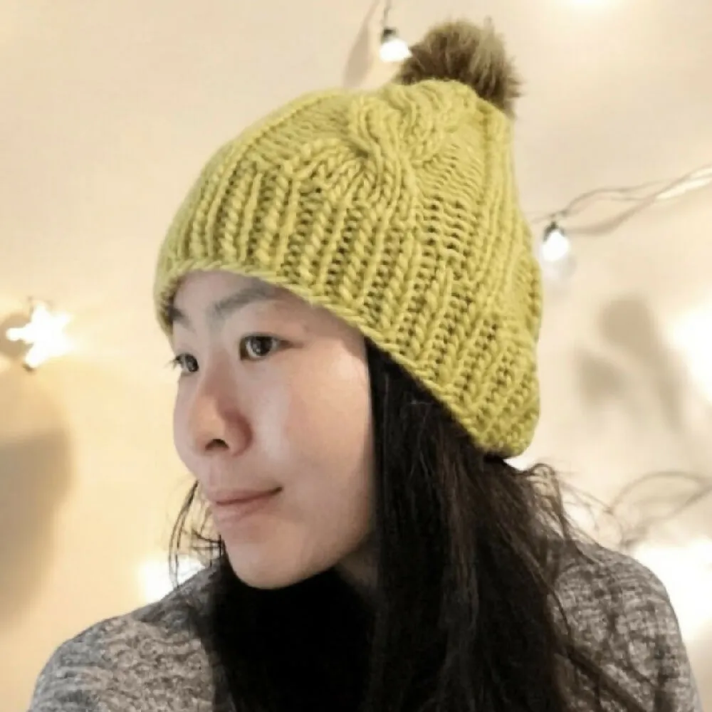 Cable Hand Knit Slouchy Beanie in green with brown pompom
