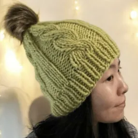 Cable Hand Knit Slouchy Beanie in green with brown pompom