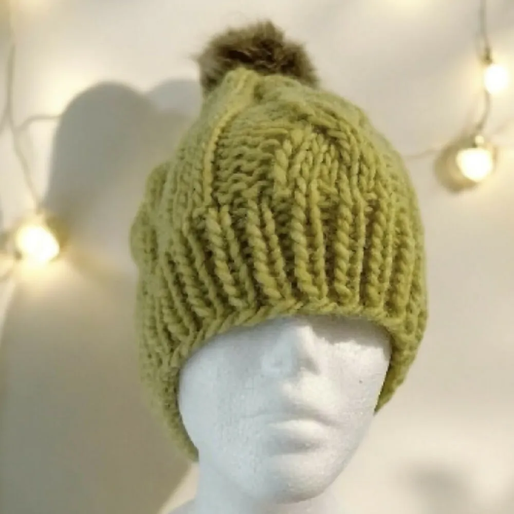 Cable Hand Knit Slouchy Beanie in green with brown pompom