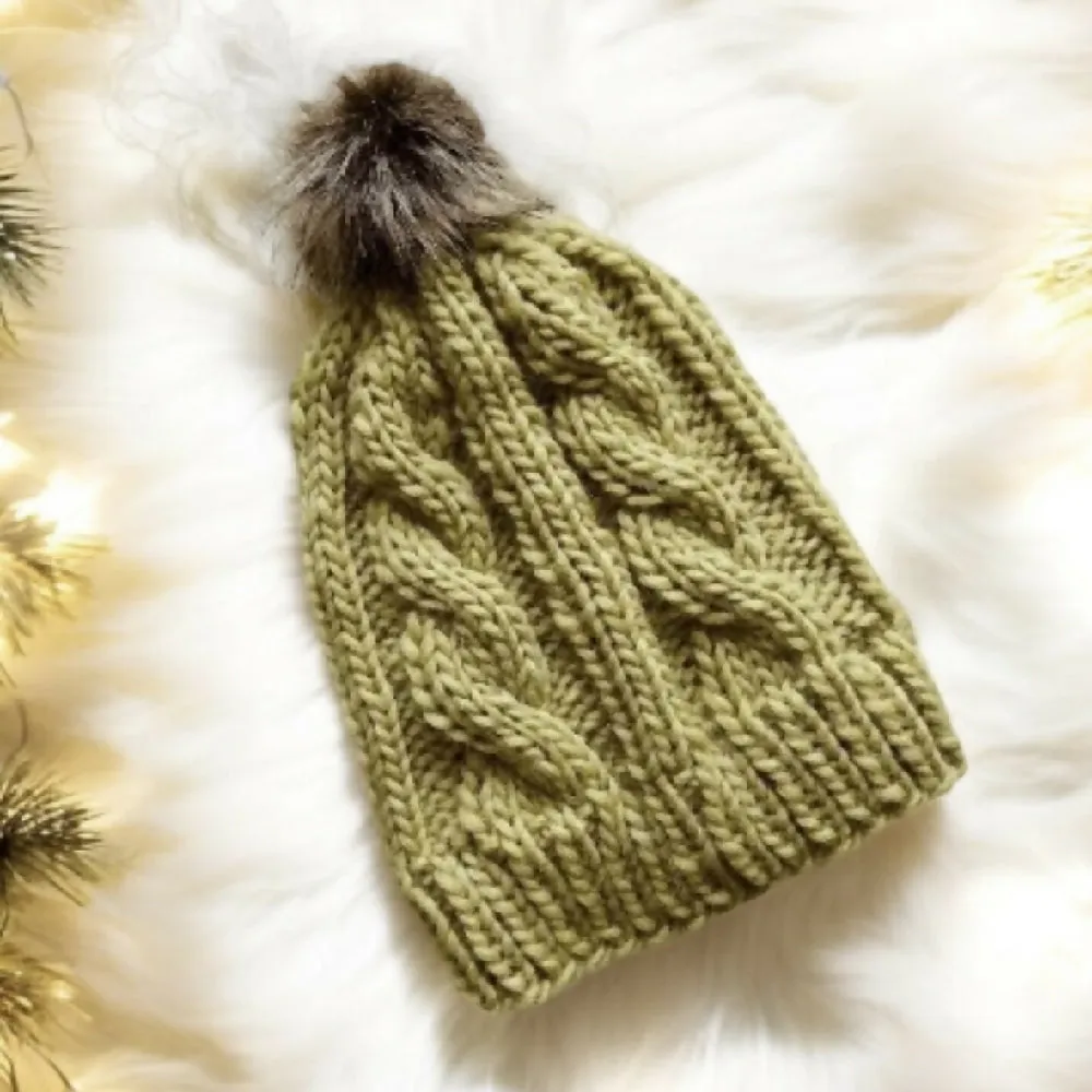 Cable Hand Knit Slouchy Beanie in green with brown pompom