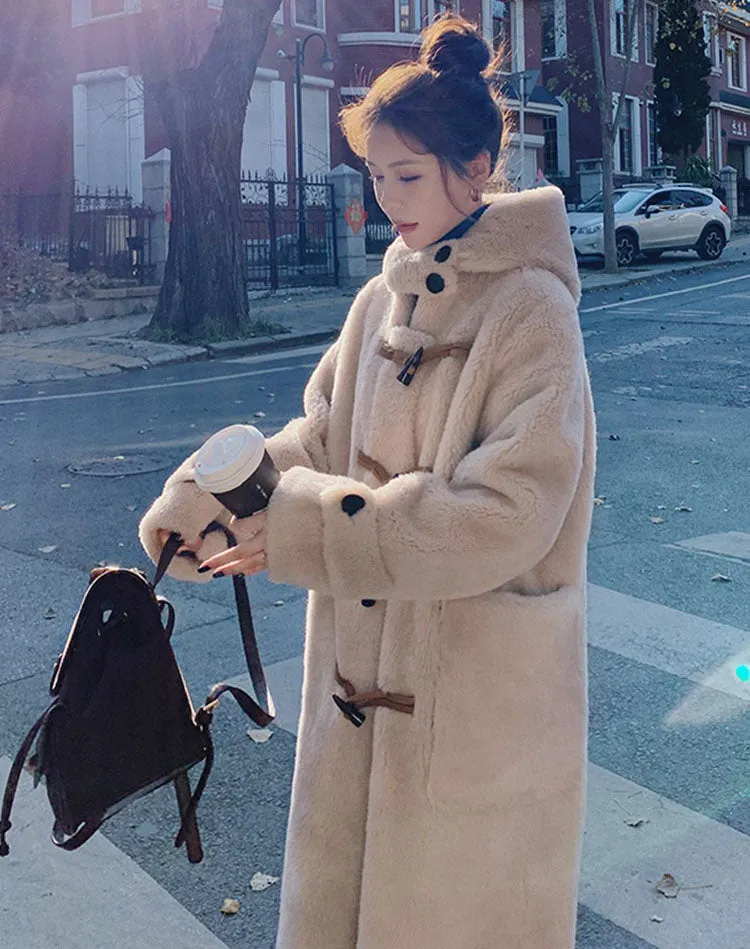 Horn Lamb Fur One-Piece Winter Hooded Cotton Women's Coat