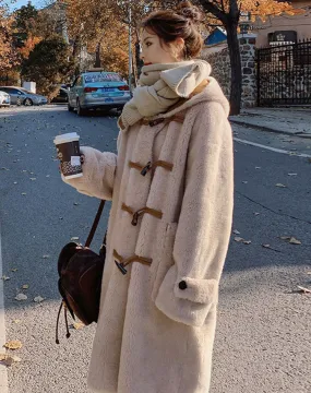 Horn Lamb Fur One-Piece Winter Hooded Cotton Women's Coat