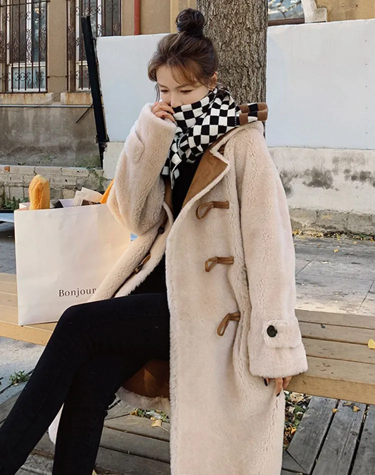 Horn Lamb Fur One-Piece Winter Hooded Cotton Women's Coat