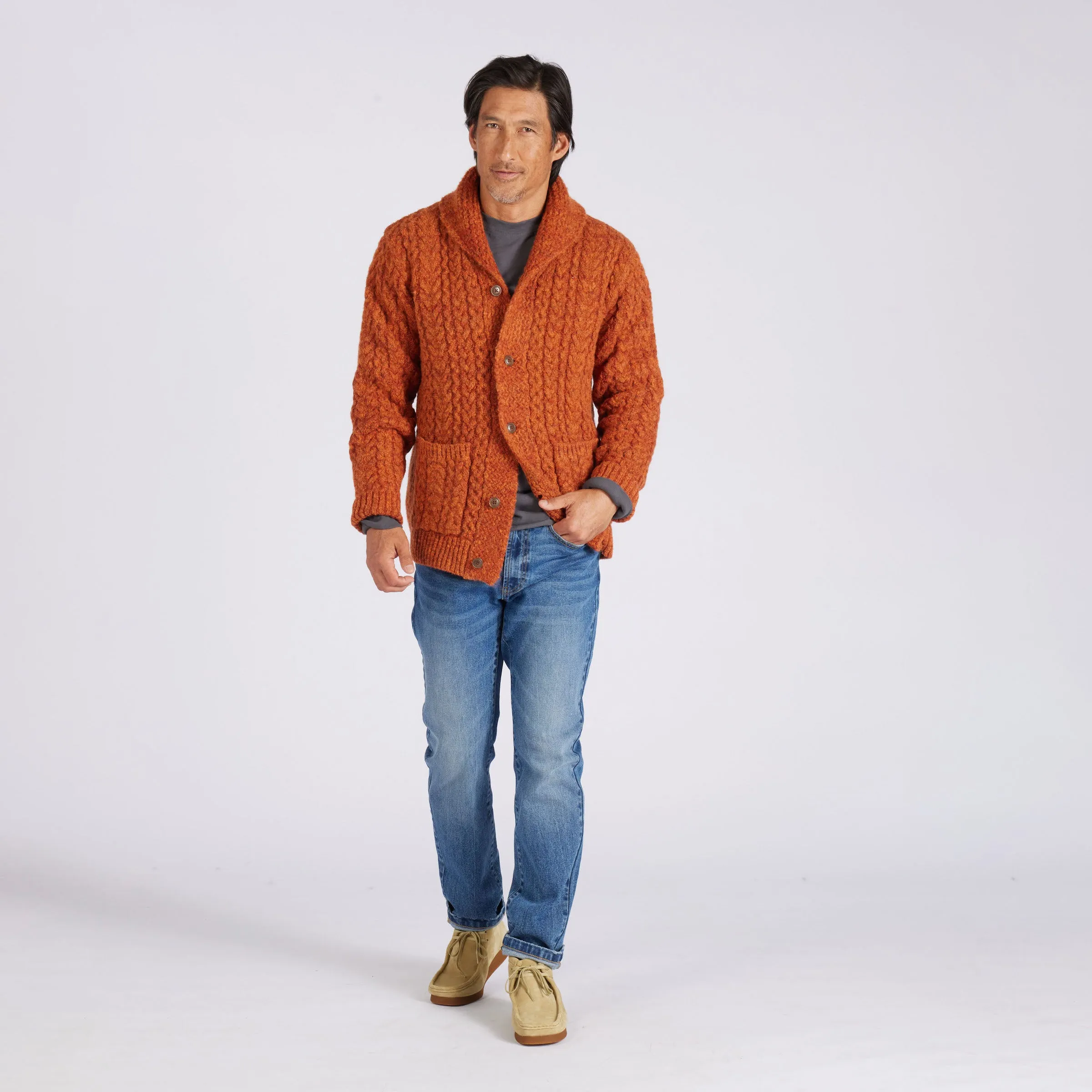 Melange Cable  Shawl Cardigan - Burnt Orange