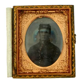 Original U.S. Civil War Sixth Plate Tintype of Union Artillery Soldier in Frock Coat With Hand Colored Red Piping