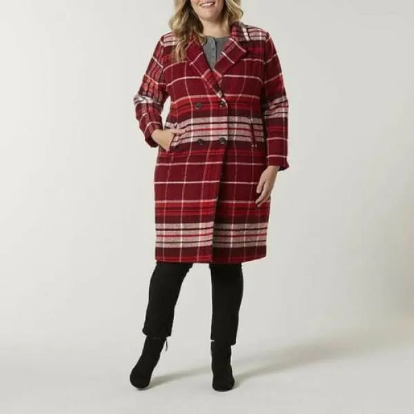 Simply Emma Women's Plus Double-Breasted Coat - Plaid Windsor Wine