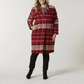 Simply Emma Women's Plus Double-Breasted Coat - Plaid Windsor Wine